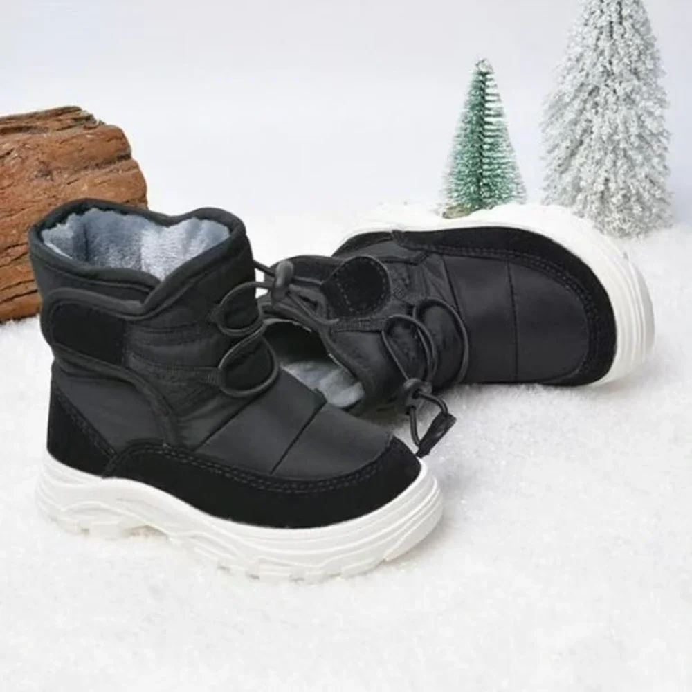 Kids Black Winter Snow Boots Faux Fur Lined Bungee Toggle Quilted Warm Shoes